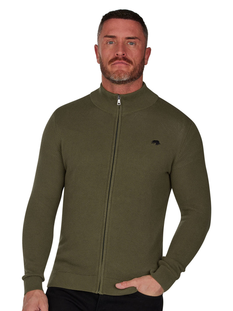 Pique Knit Zip Through Cardigan - Khaki