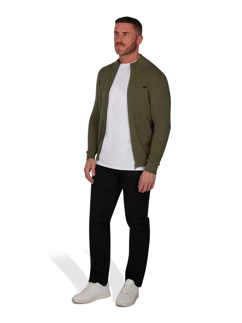 Pique Knit Zip Through Cardigan - Khaki
