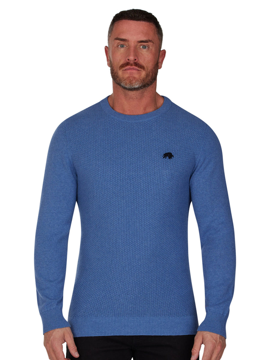 Popcorn Texture Crew Knit Denim Blue Raging Bull Clothing