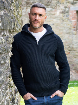 Long Sleeve Rib Texture Quarter Zip Knit - Black