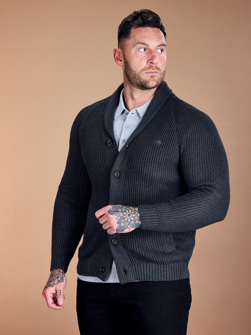 Button Up Shawl Cardigan - Dark Grey Marl