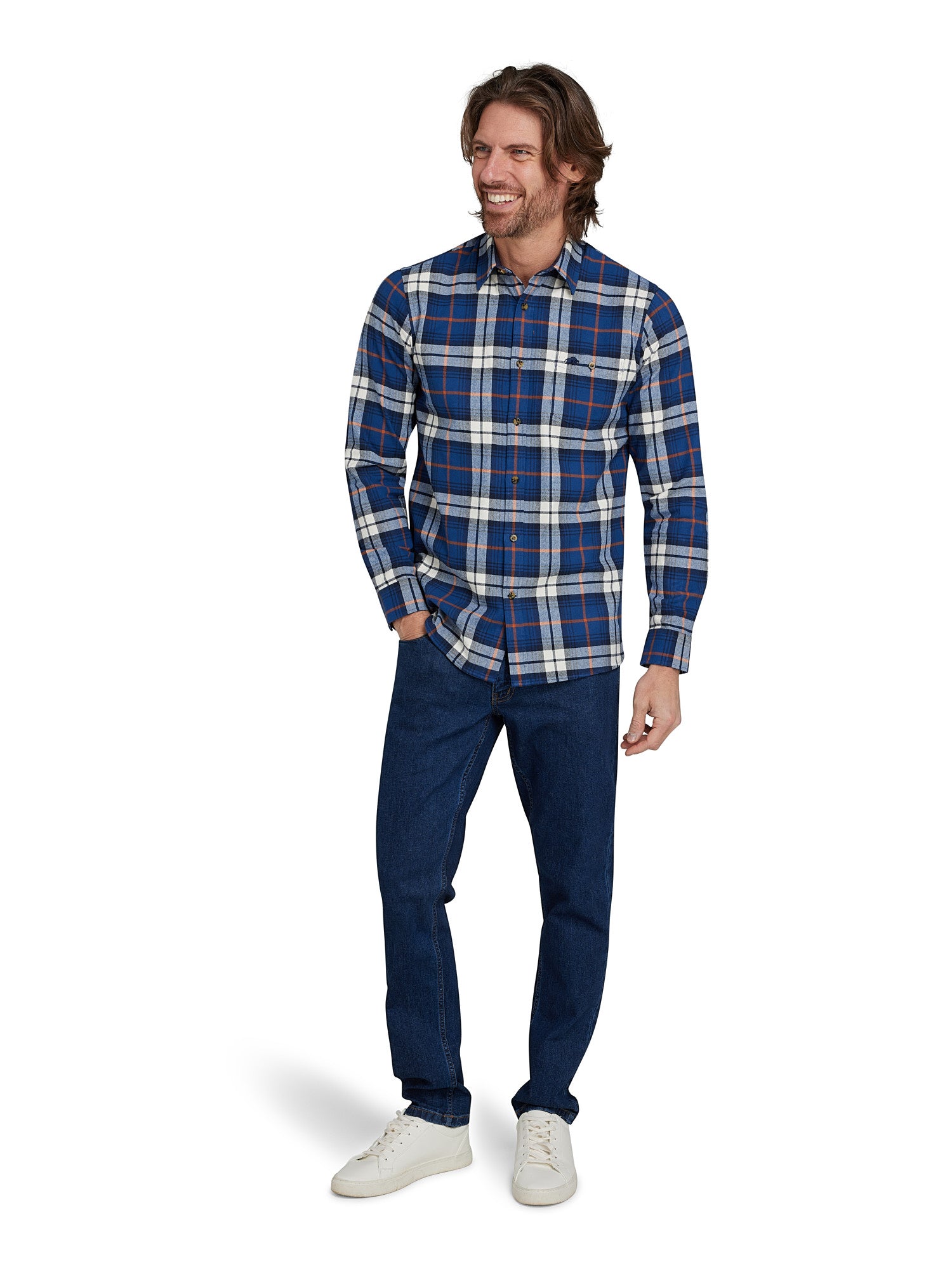 Long Sleeve Large Plaid Brushed Cotton Shirt - Navy