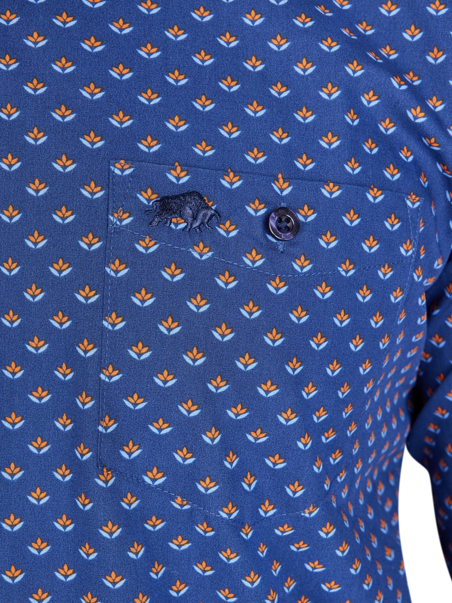 Long Sleeve Leaf Print Shirt - Navy/Orange