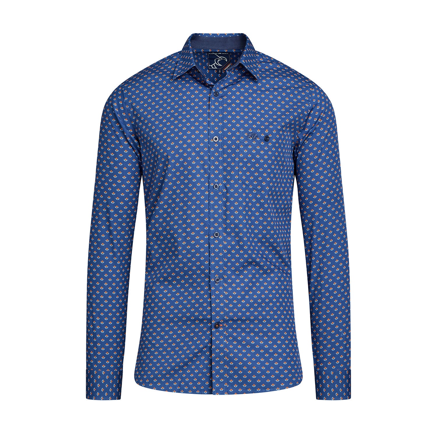 Long Sleeve Leaf Print Shirt - Navy/Orange