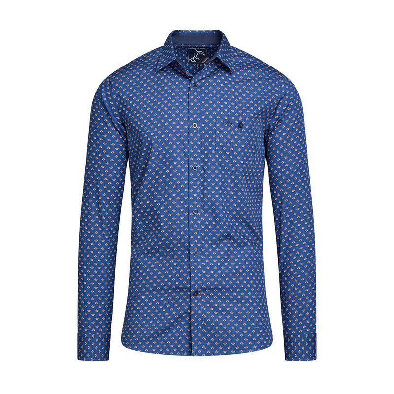 Long Sleeve Leaf Print Shirt - Navy/Orange