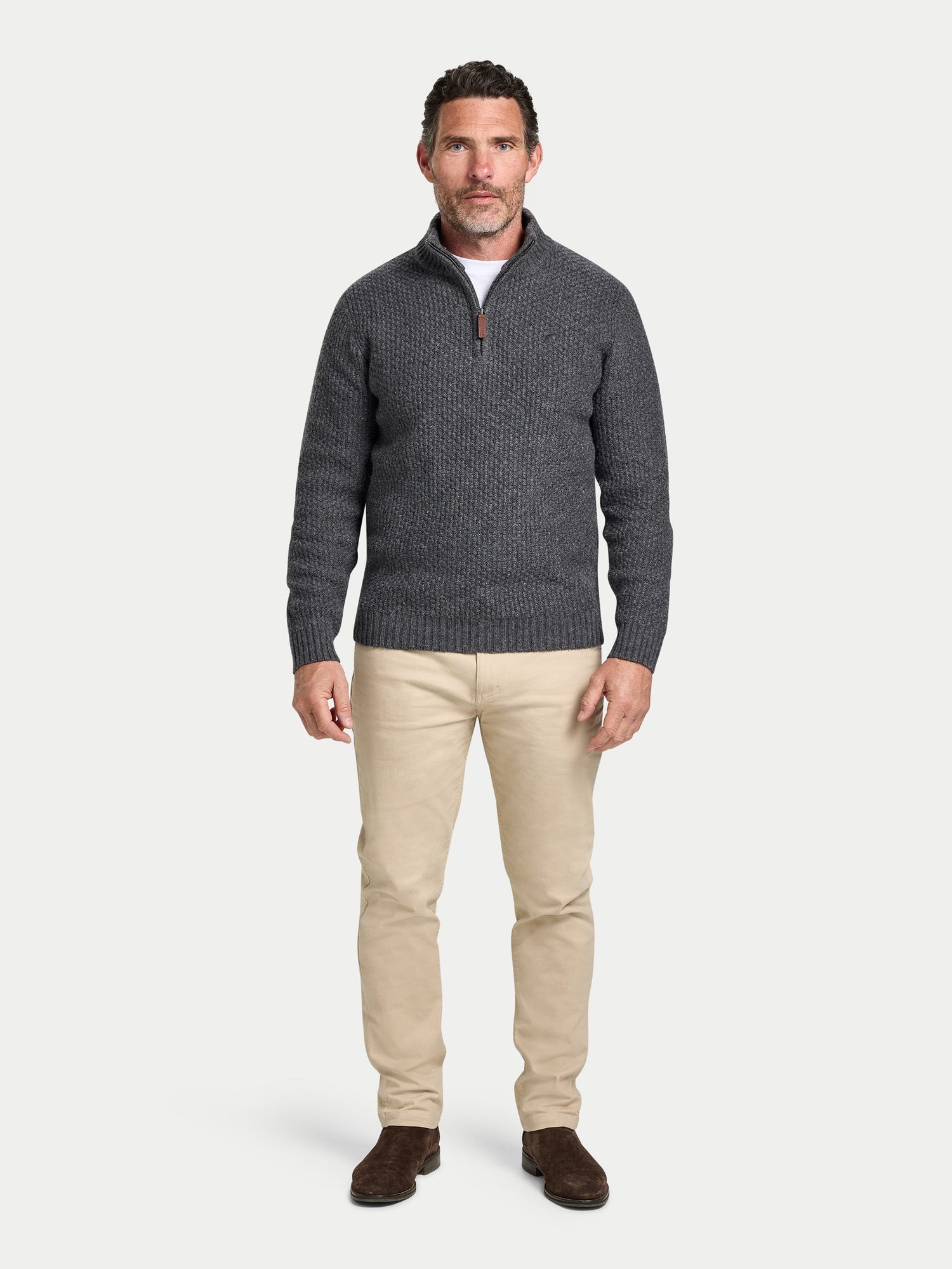 Chunky Textured Quarter Zip Knit - Dark Grey Marl