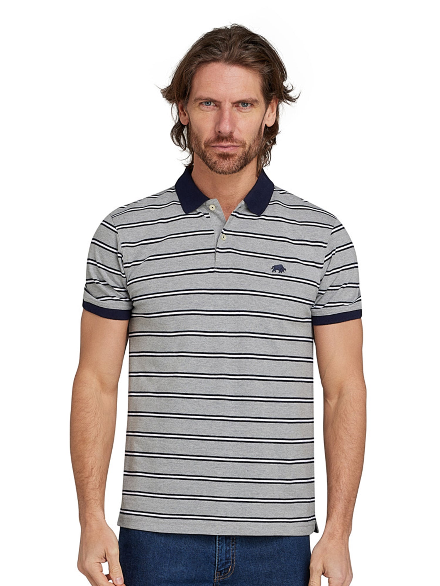 Tram Stripe Pique Polo - Grey Marl