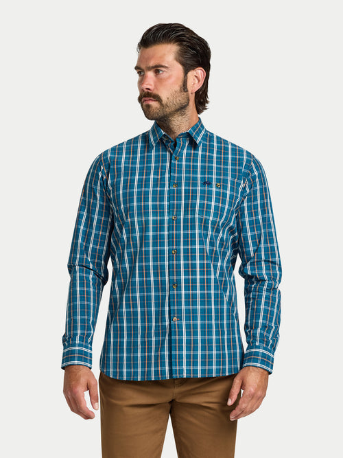 Long Sleeve Linear Check Cotton Poplin Shirt  - Petrol