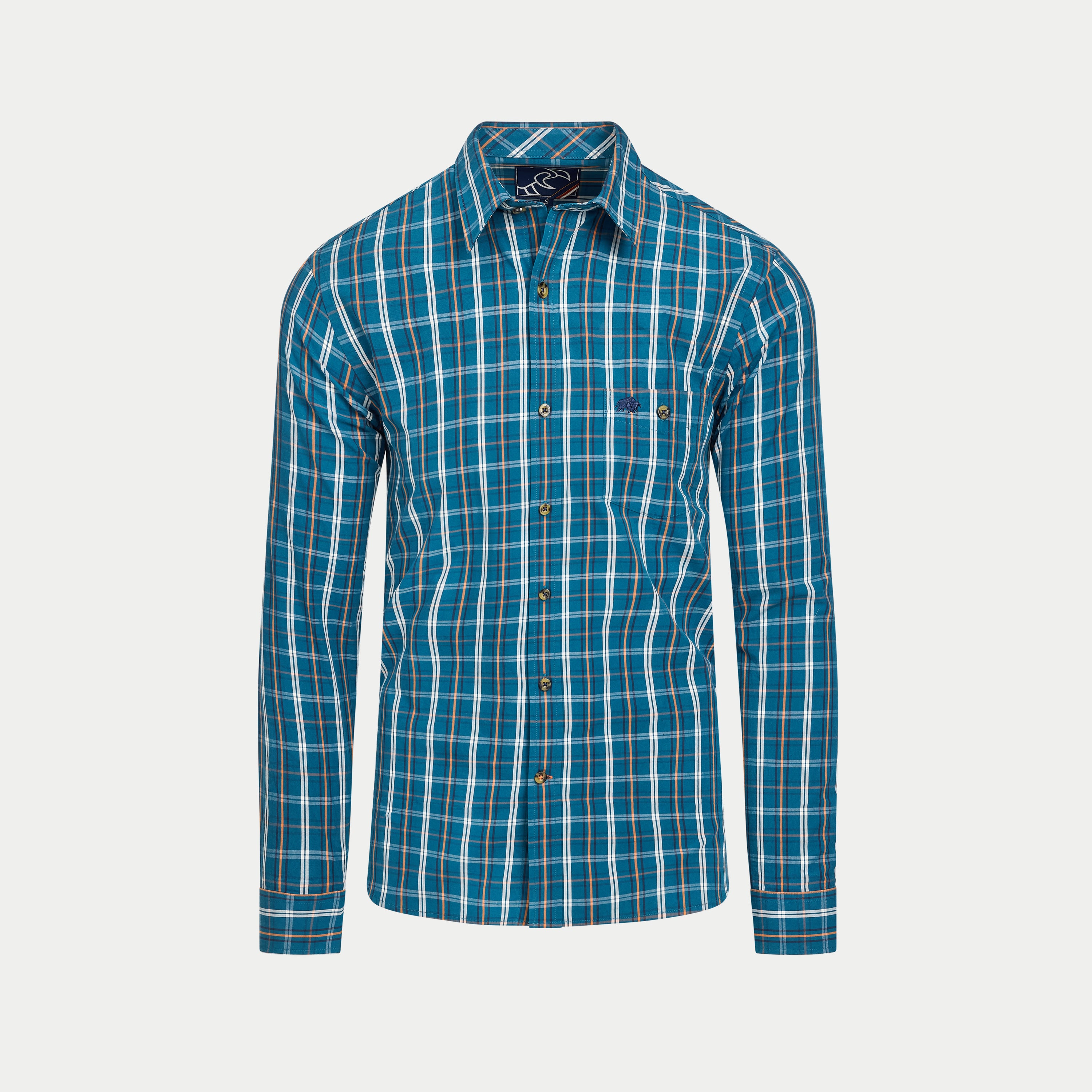 Long Sleeve Linear Check Cotton Poplin Shirt  - Petrol