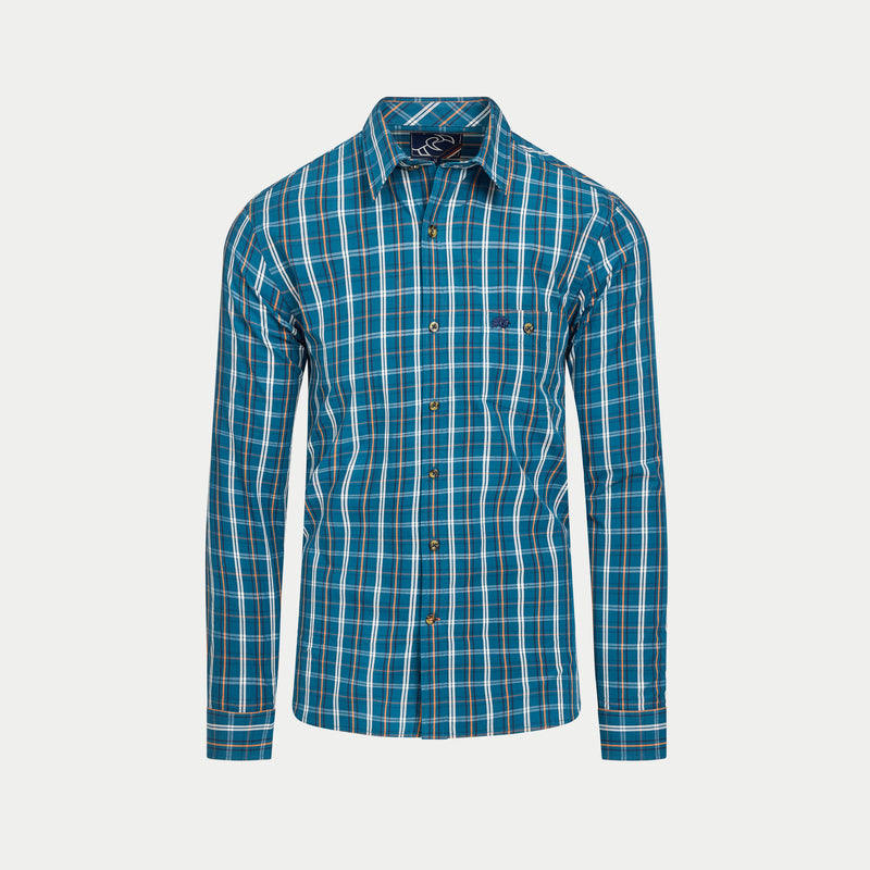 Long Sleeve Linear Check Cotton Poplin Shirt  - Petrol