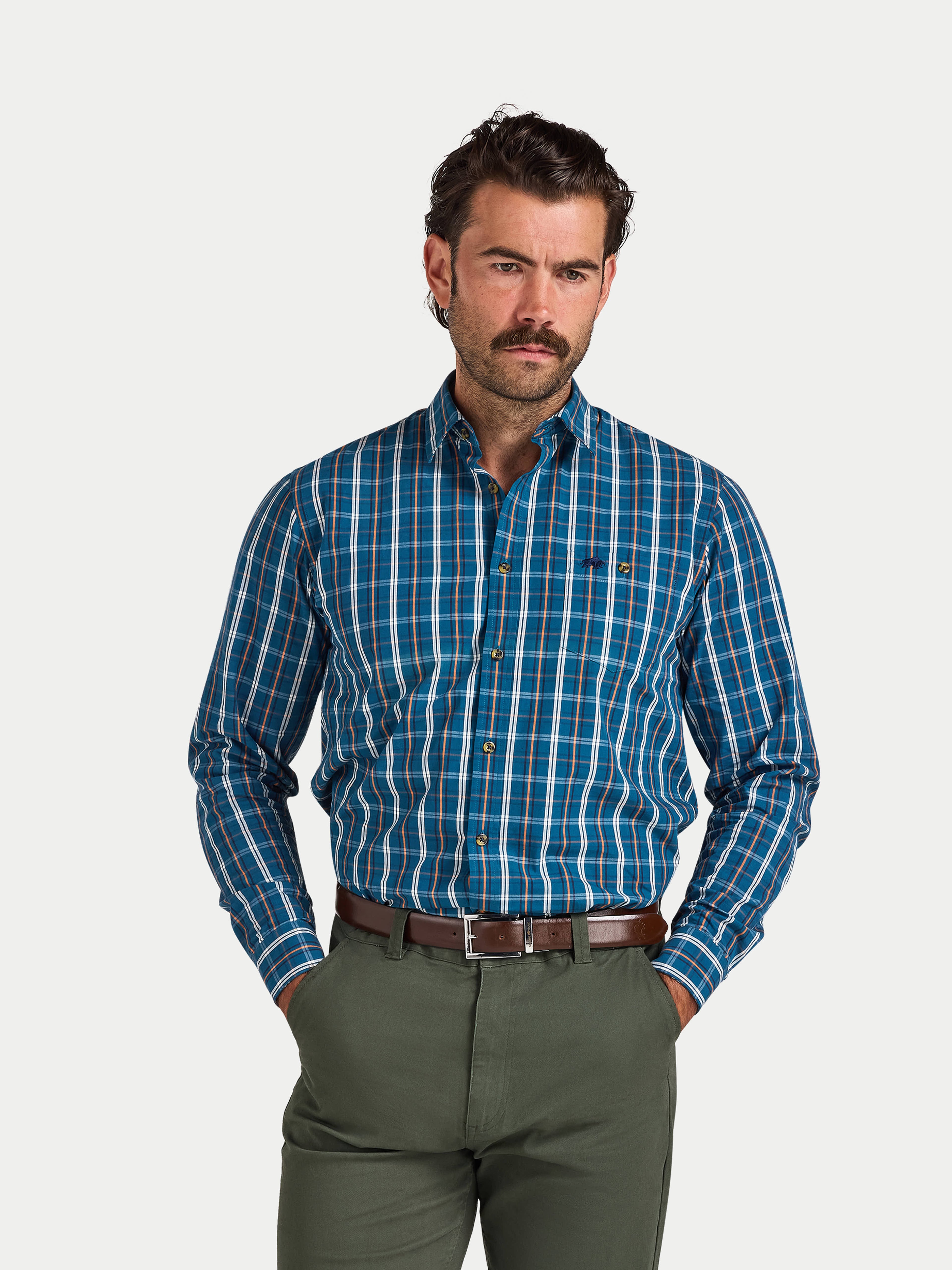 Long Sleeve Linear Check Cotton Poplin Shirt  - Petrol