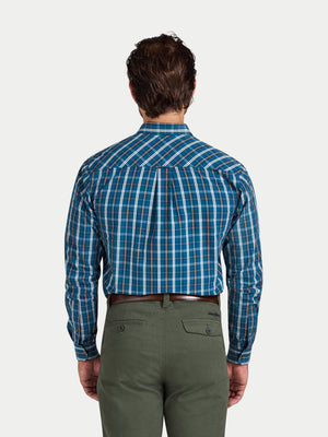 Long Sleeve Linear Check Cotton Poplin Shirt  - Petrol