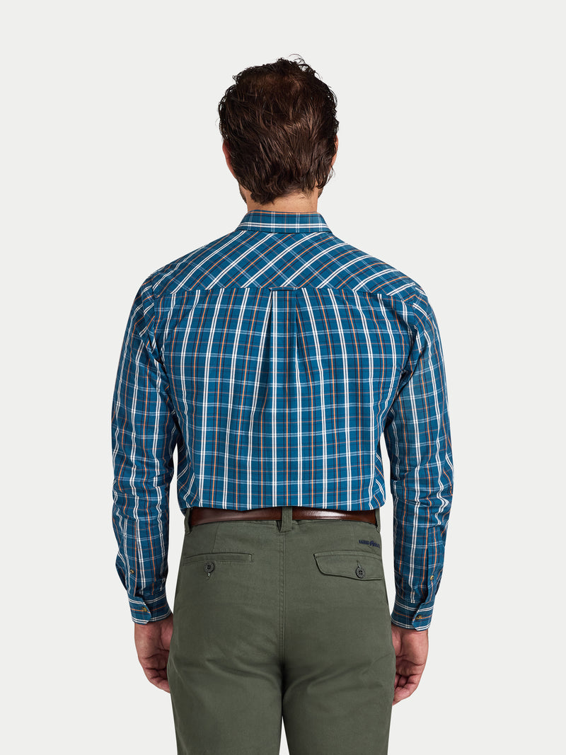 Long Sleeve Linear Check Cotton Poplin Shirt  - Petrol