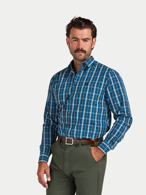 Long Sleeve Linear Check Cotton Poplin Shirt  - Petrol