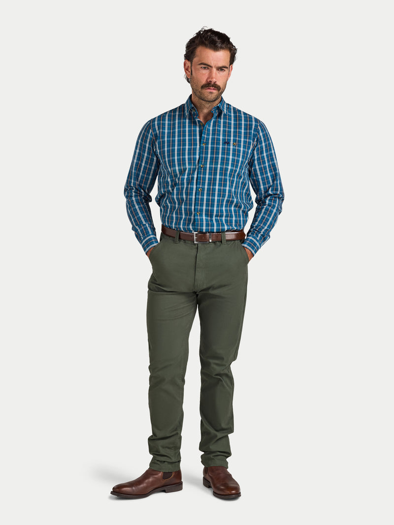 Long Sleeve Linear Check Cotton Poplin Shirt  - Petrol