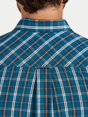 Long Sleeve Linear Check Cotton Poplin Shirt  - Petrol