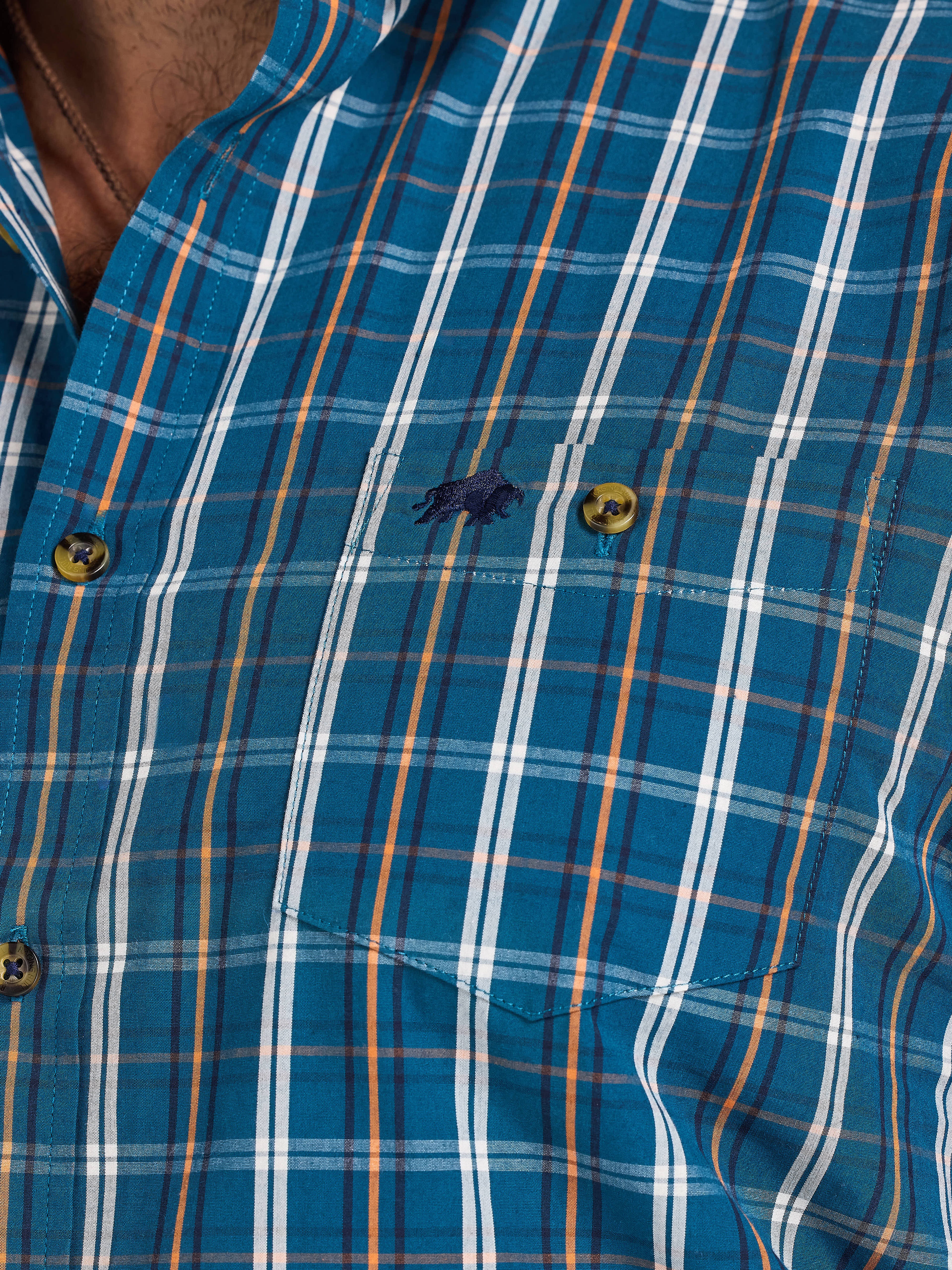 Long Sleeve Linear Check Cotton Poplin Shirt  - Petrol