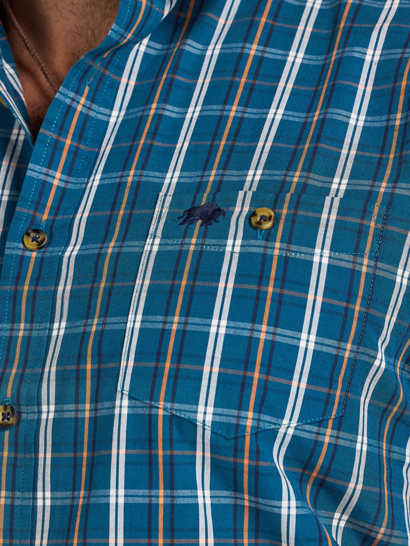 Long Sleeve Linear Check Cotton Poplin Shirt  - Petrol