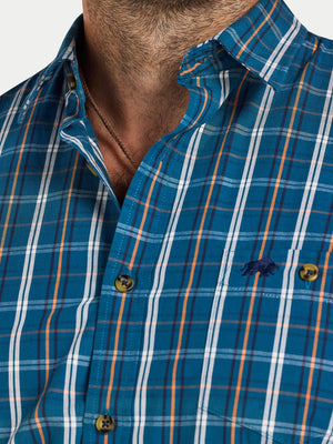 Long Sleeve Linear Check Cotton Poplin Shirt  - Petrol