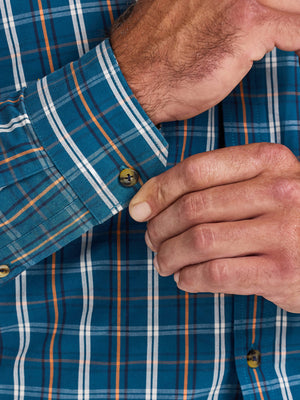 Long Sleeve Linear Check Cotton Poplin Shirt  - Petrol