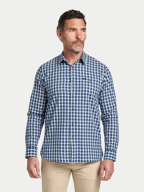 Long Sleeve Mod Check Brushed Cotton Twill Shirt  - Navy