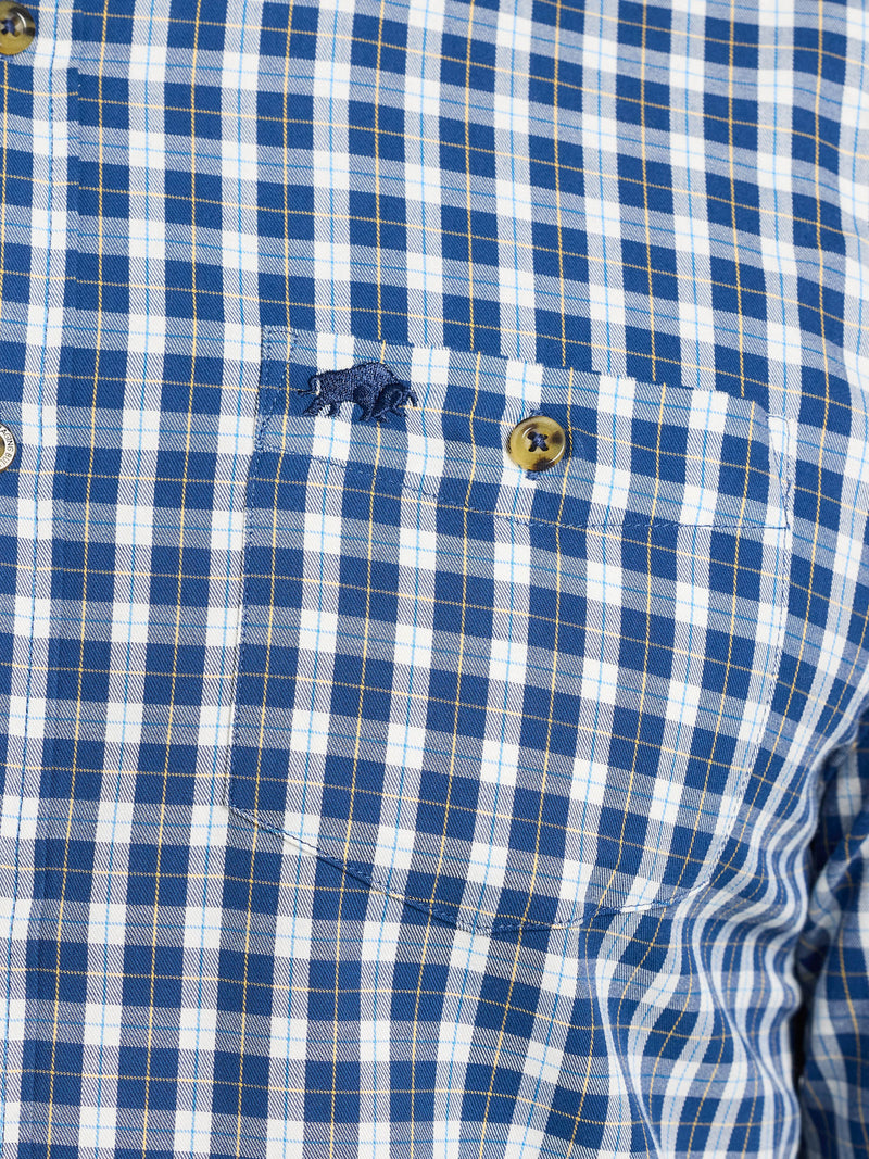 Long Sleeve Mod Check Brushed Cotton Twill Shirt  - Navy