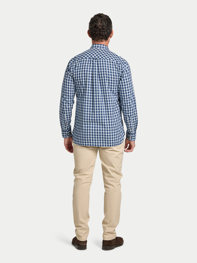 Long Sleeve Mod Check Brushed Cotton Twill Shirt  - Navy