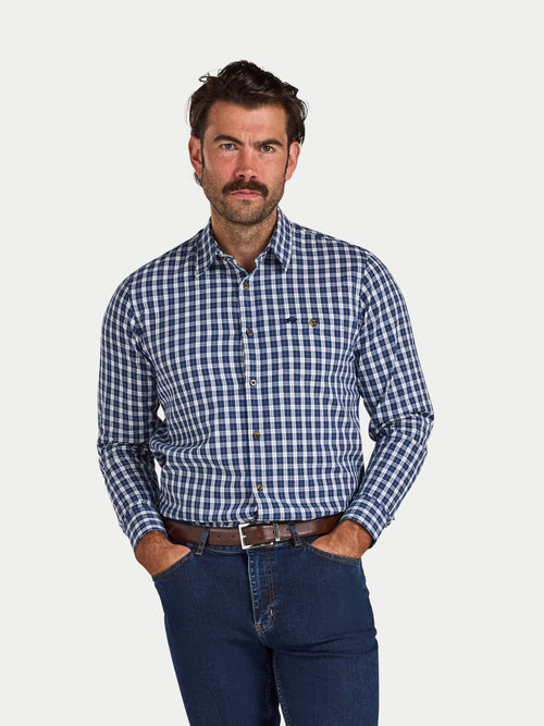 Long Sleeve Mod Check Brushed Cotton Twill Shirt  - Navy