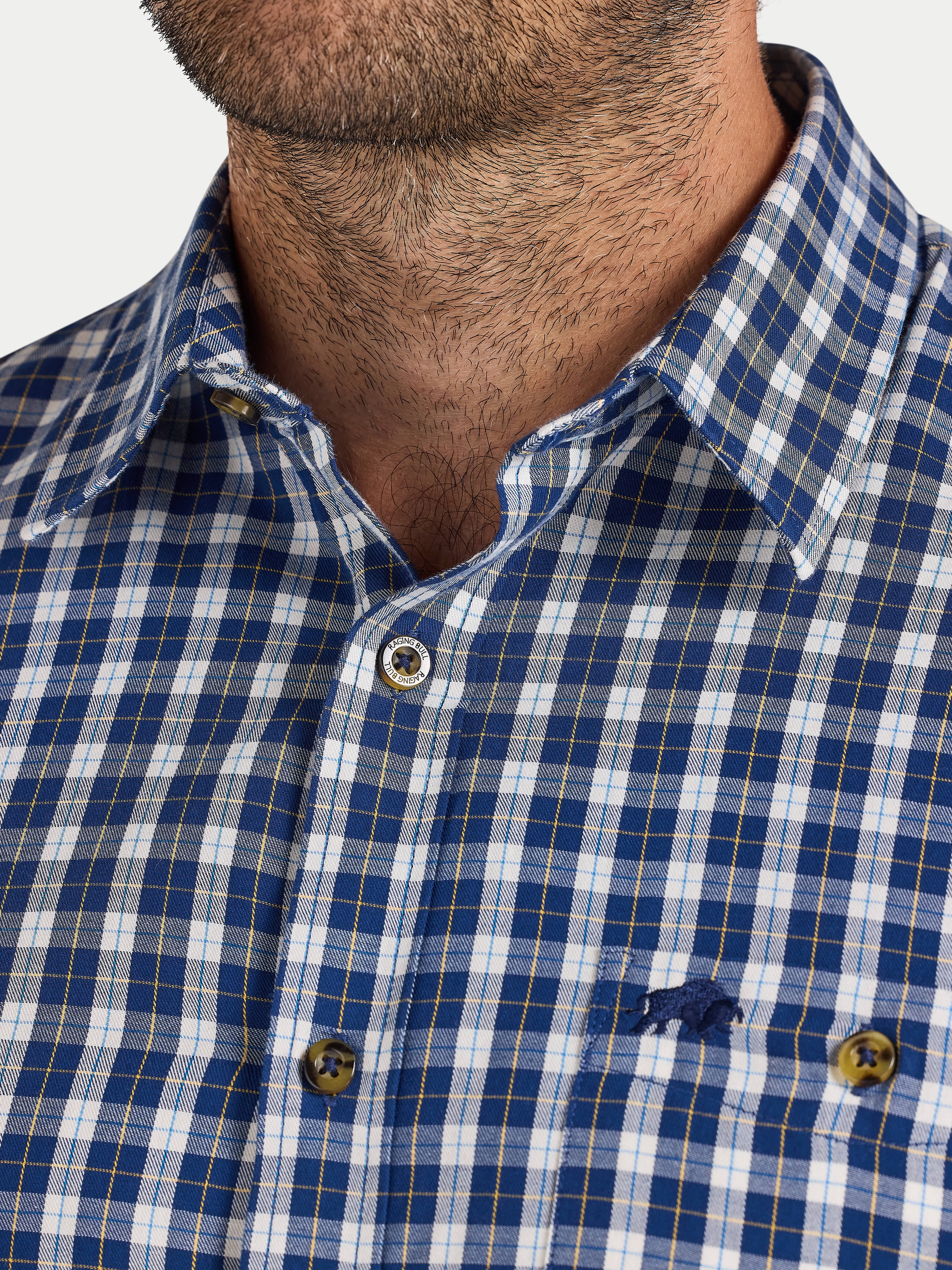 Long Sleeve Mod Check Brushed Cotton Twill Shirt  - Navy