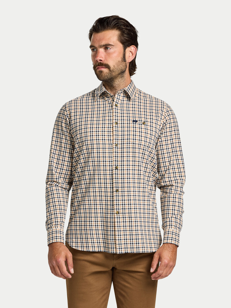 L/S Brookes Gingham Brushed Cotton Twill Shirt  - Tan