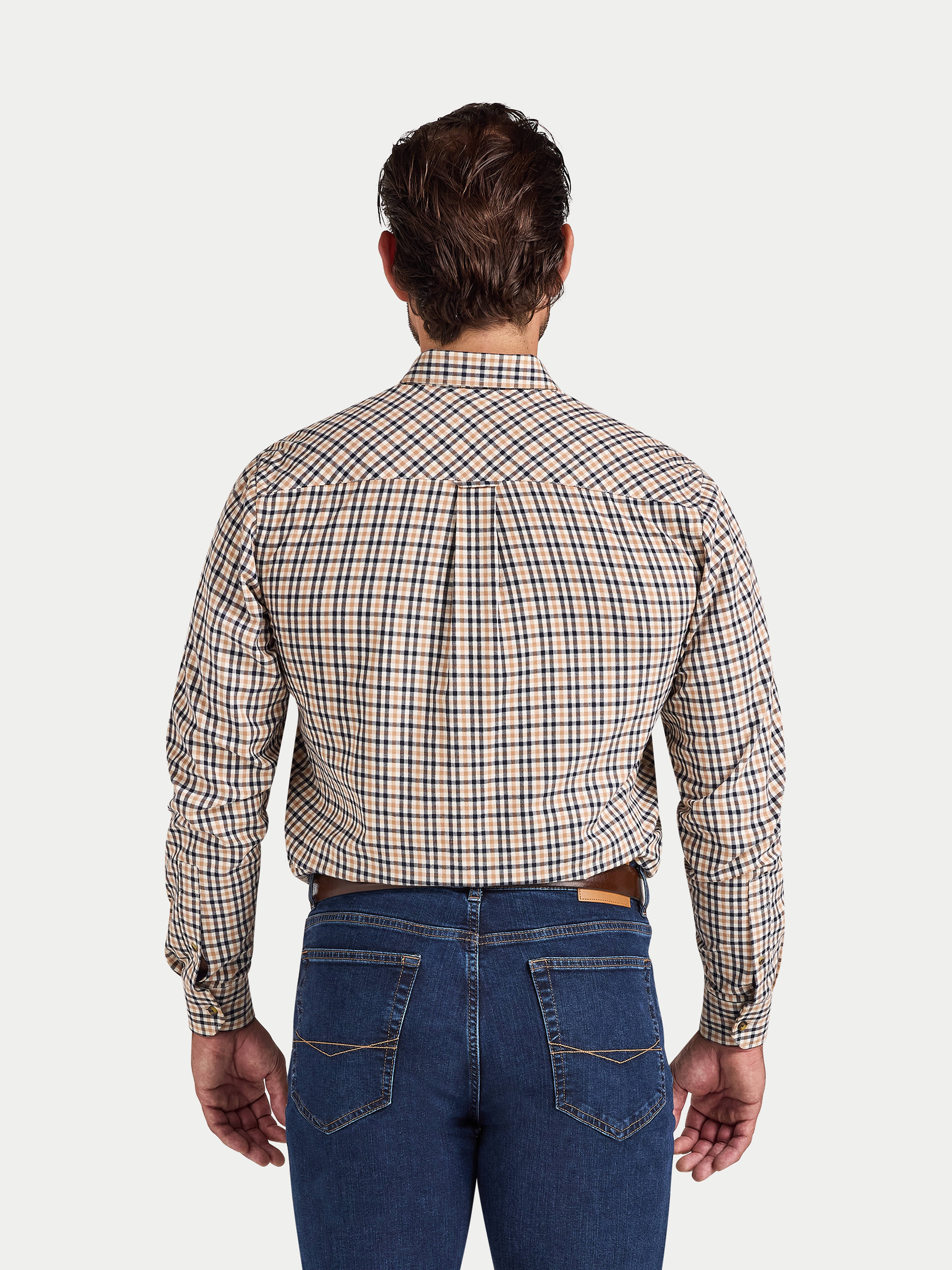 L/S Brookes Gingham Brushed Cotton Twill Shirt  - Tan