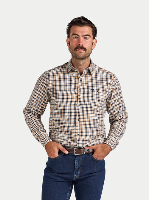 L/S Brookes Gingham Brushed Cotton Twill Shirt  - Tan