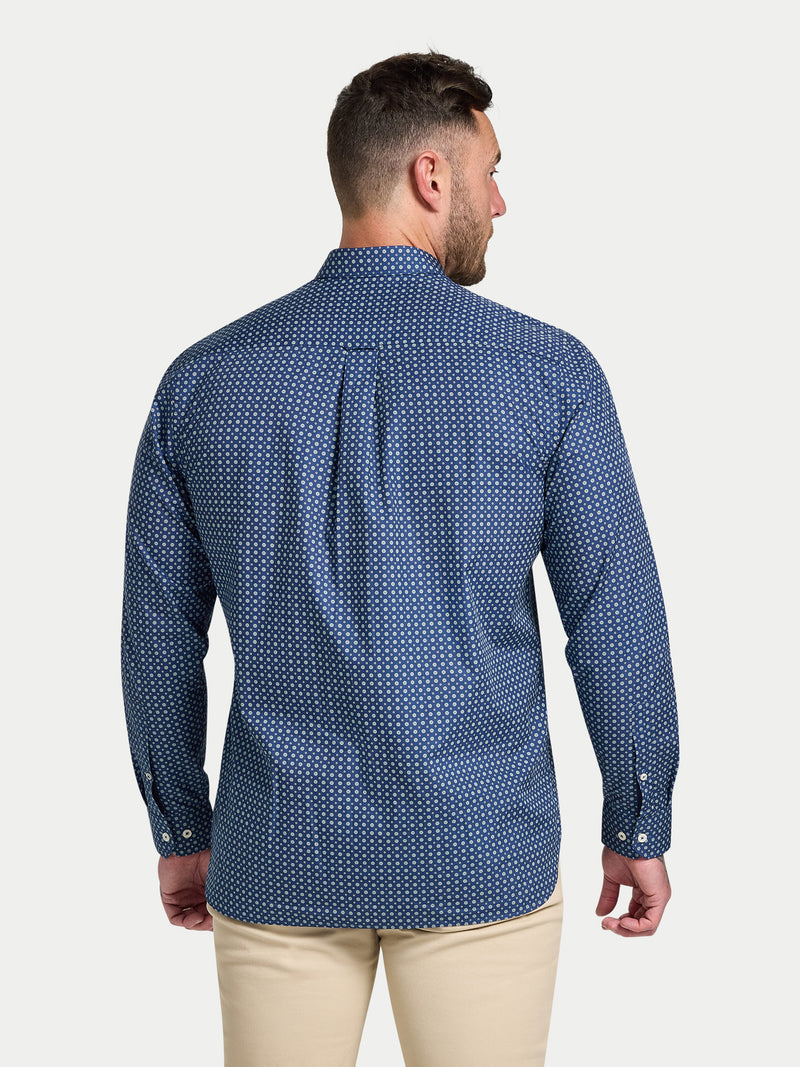 Long Sleeve Dotty Print Cotton Shirt  - Navy