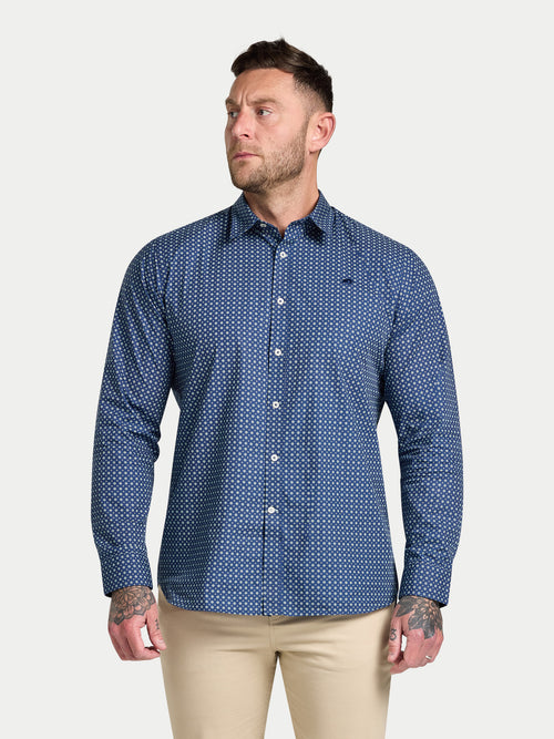 Long Sleeve Dotty Print Cotton Shirt  - Navy