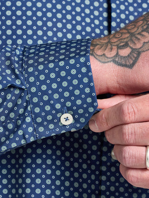 Long Sleeve Dotty Print Cotton Shirt  - Navy
