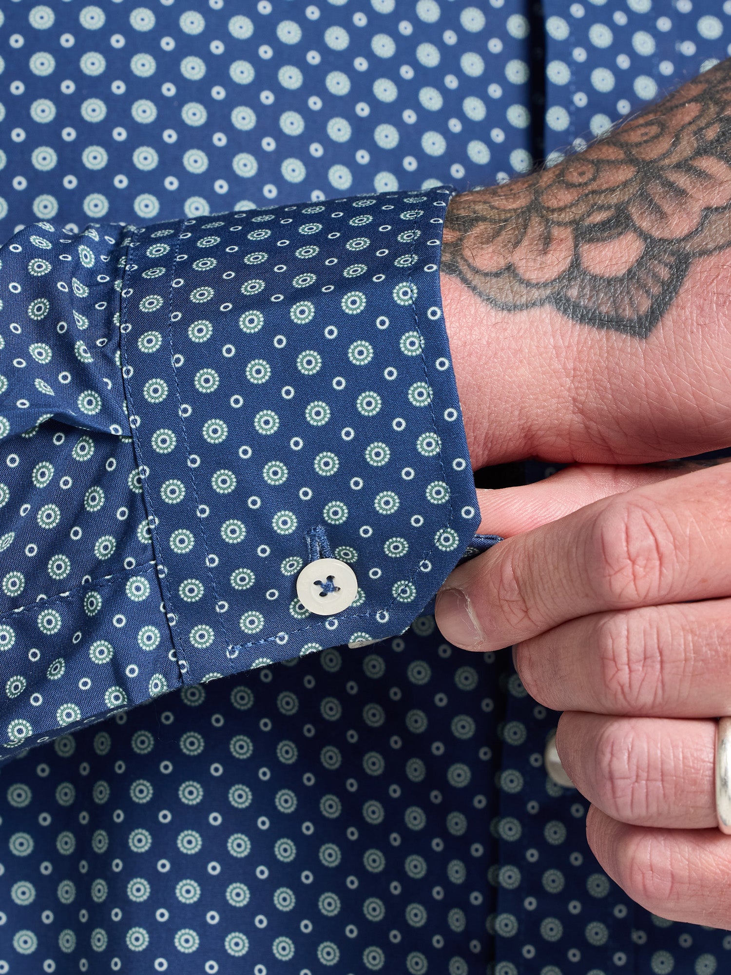 Long Sleeve Dotty Print Cotton Shirt  - Navy