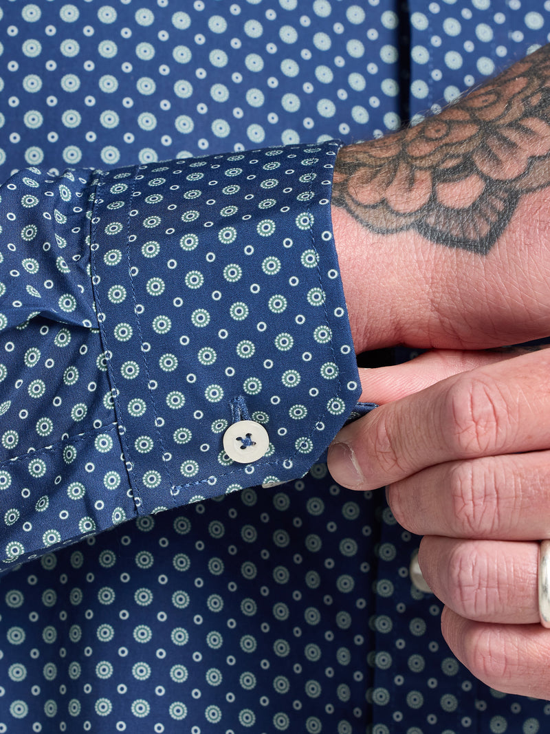 Long Sleeve Dotty Print Cotton Shirt  - Navy
