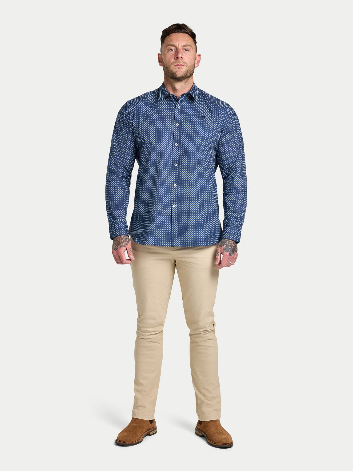 Long Sleeve Dotty Print Cotton Shirt  - Navy