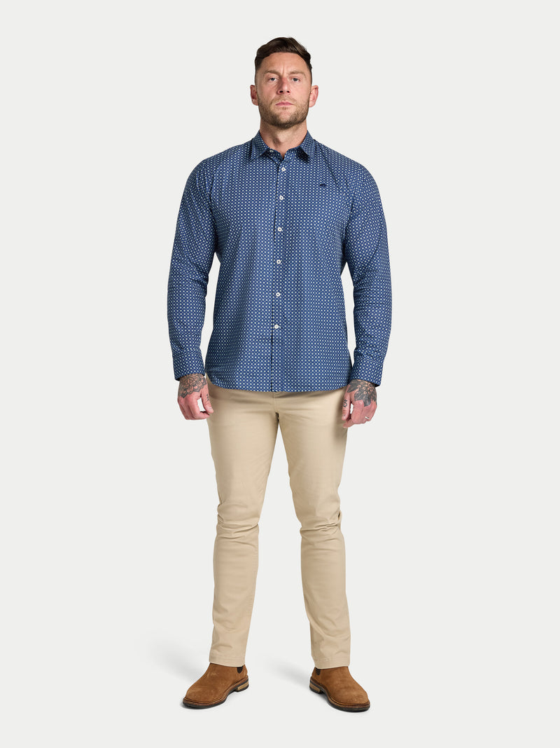 Long Sleeve Dotty Print Cotton Shirt  - Navy