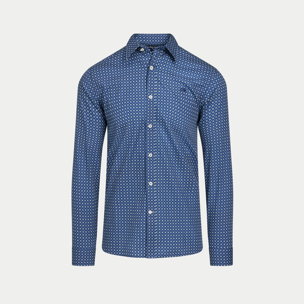 Long Sleeve Dotty Print Cotton Shirt  - Navy