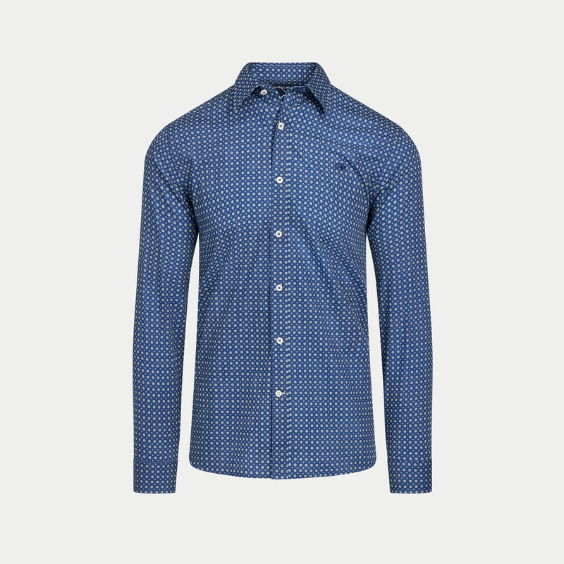 Long Sleeve Dotty Print Cotton Shirt  - Navy