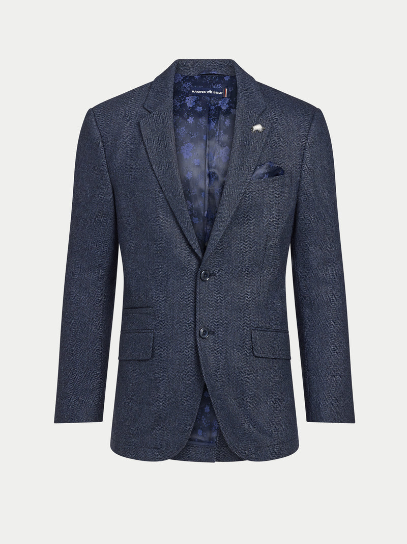 Herringbone Wool Blazer - Navy