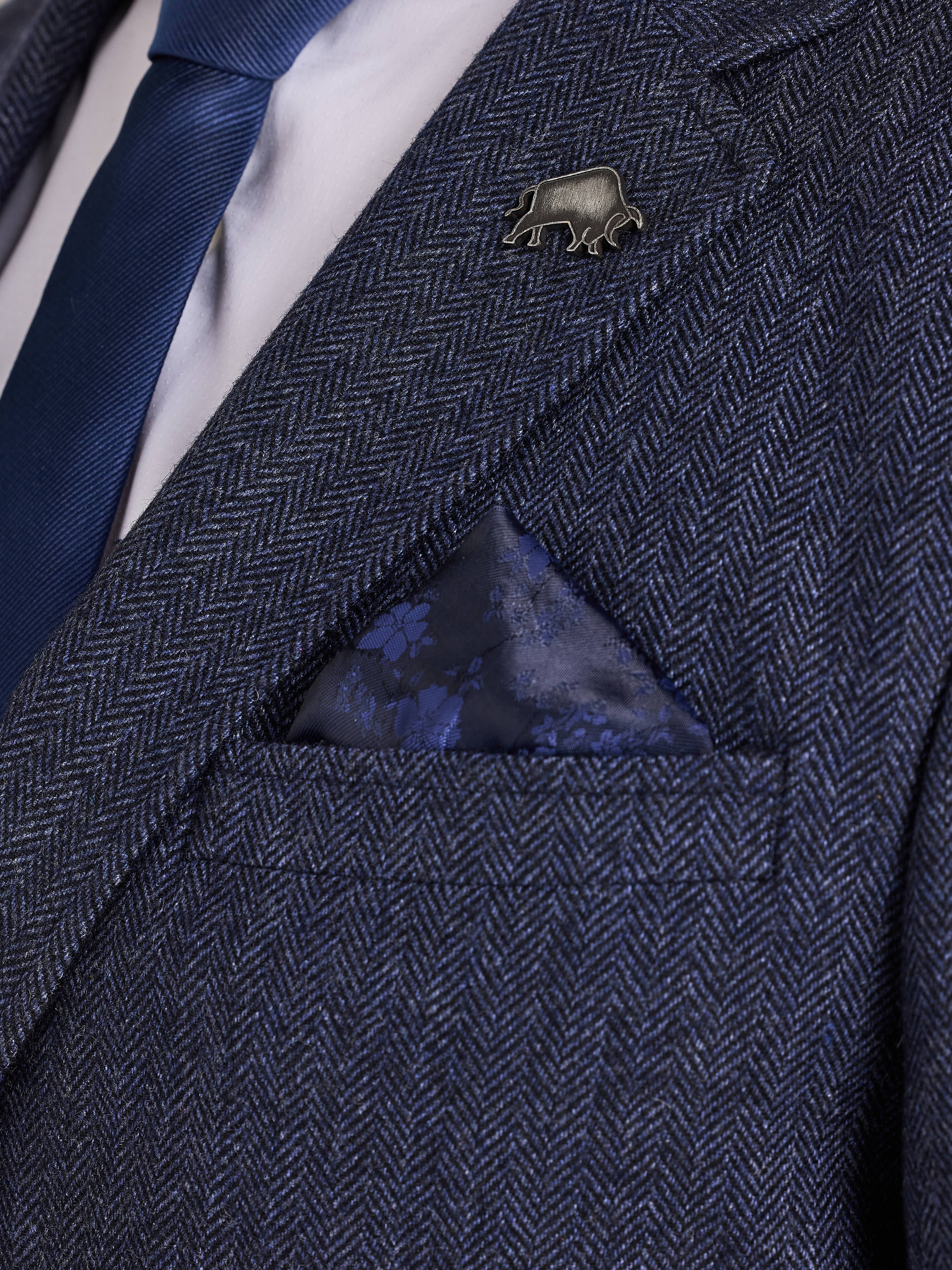 Herringbone Wool Blazer - Navy
