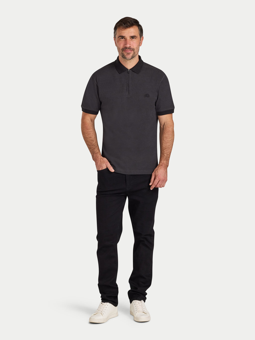 S/S Two Tone Zip Pique Polo - Black