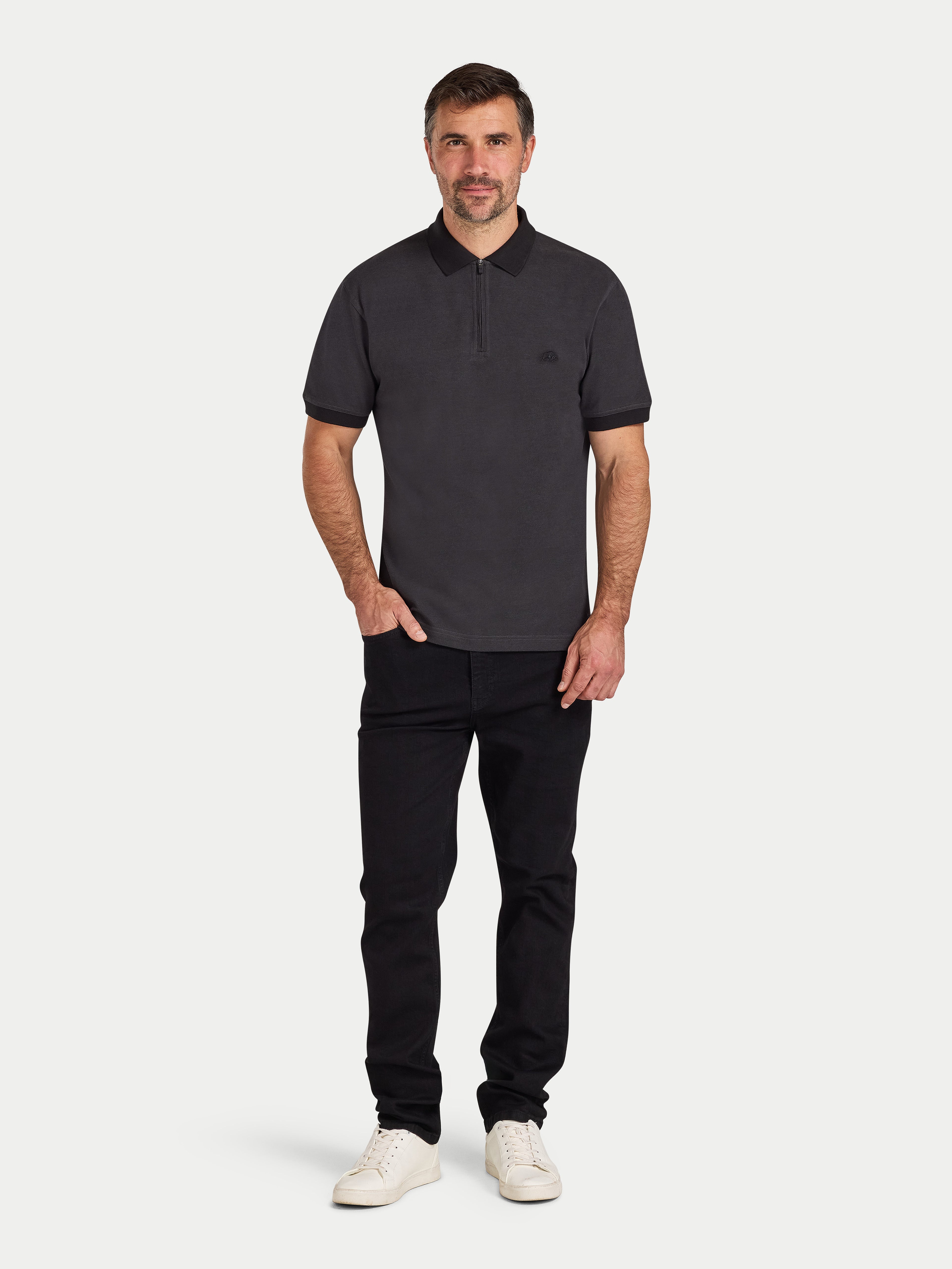 S/S Two Tone Zip Pique Polo - Black