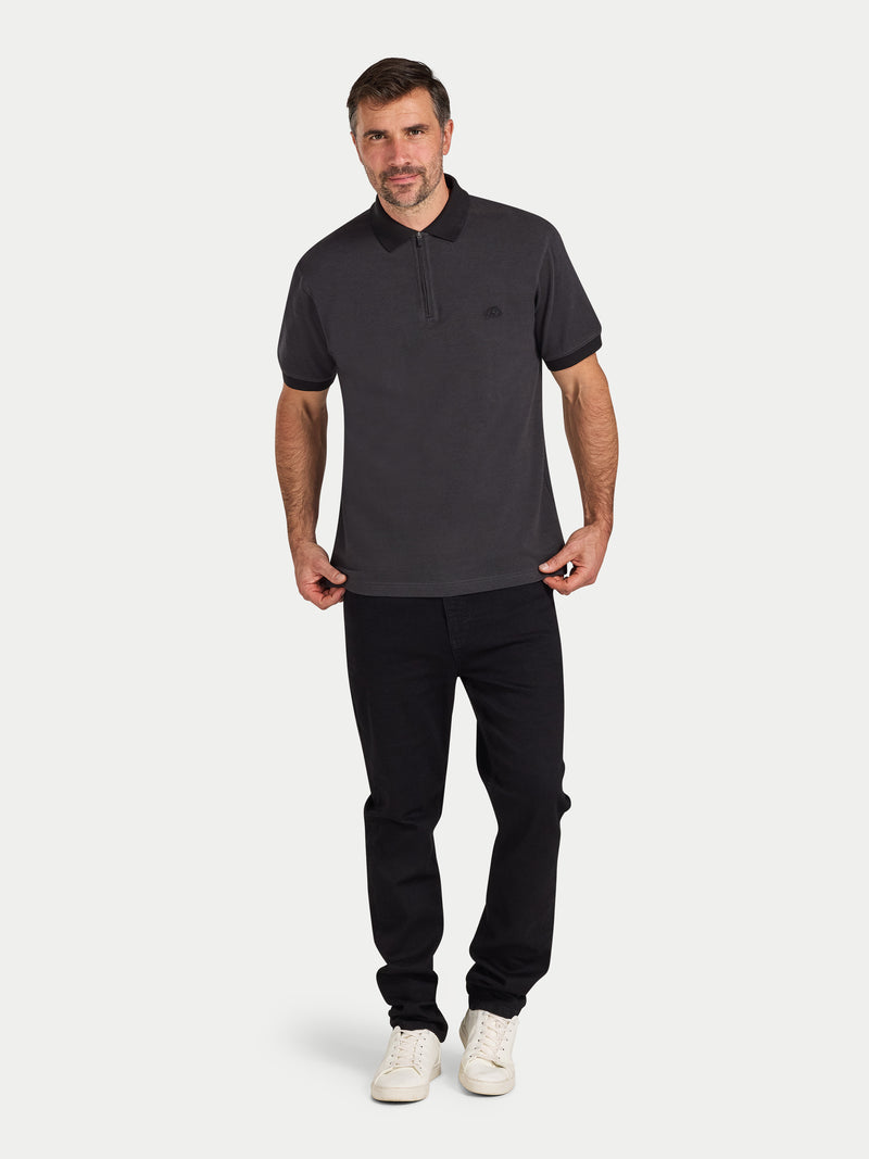 S/S Two Tone Zip Pique Polo - Black