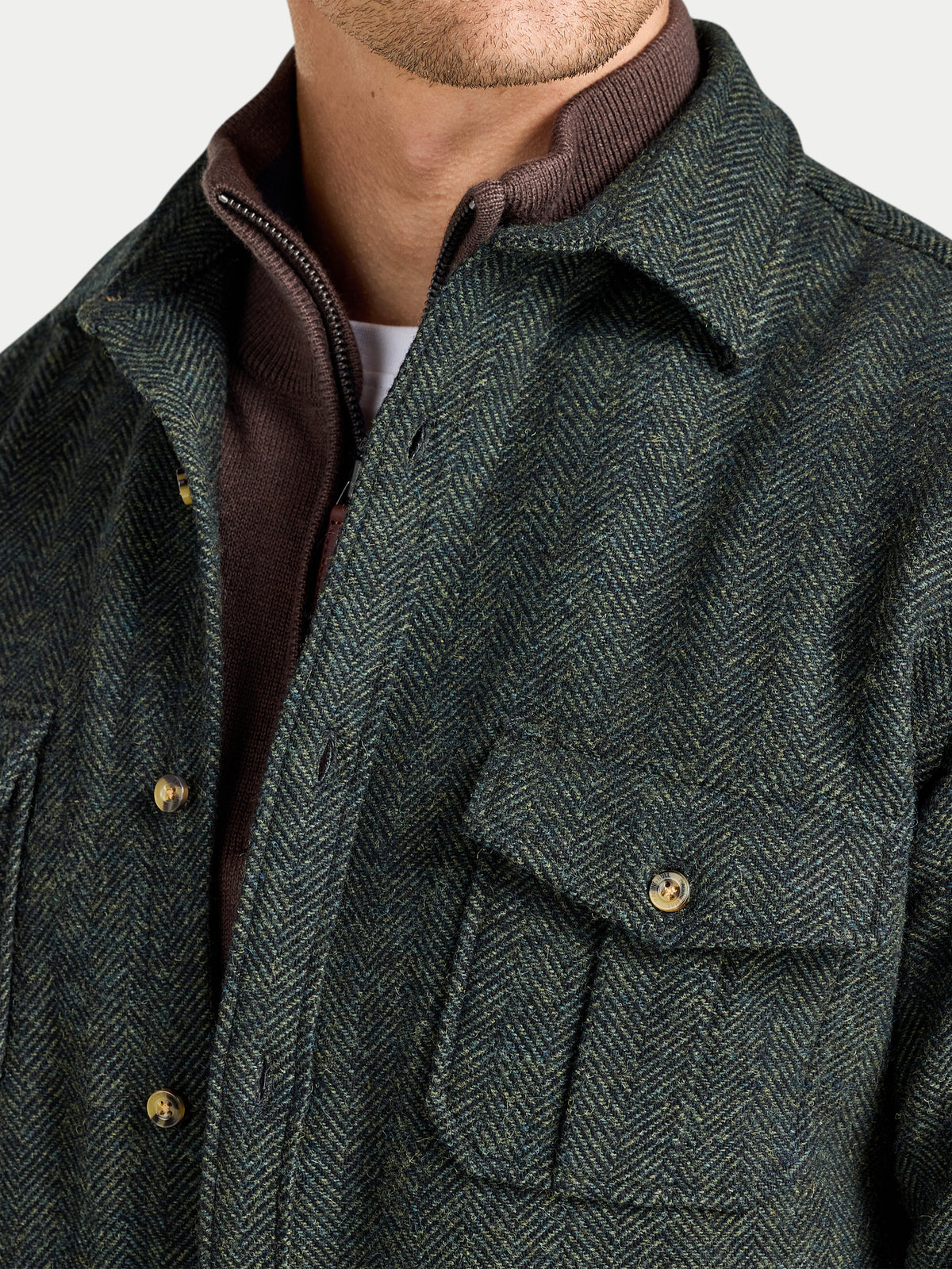 Herringbone Wool Shirt - Long Sleeve - Khaki