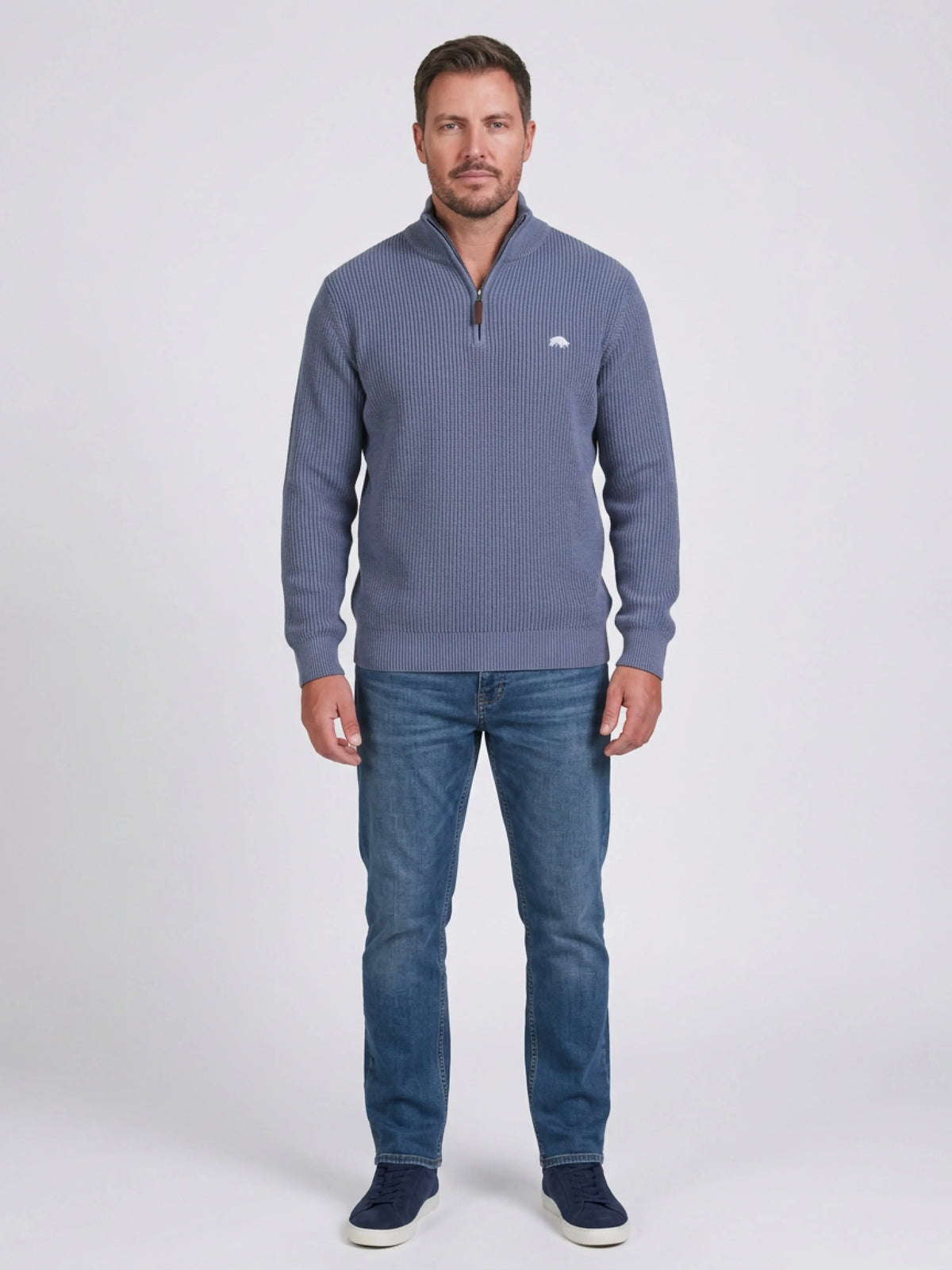 Wool Mix Knitted Rib 1/4 Zip - Light Denim