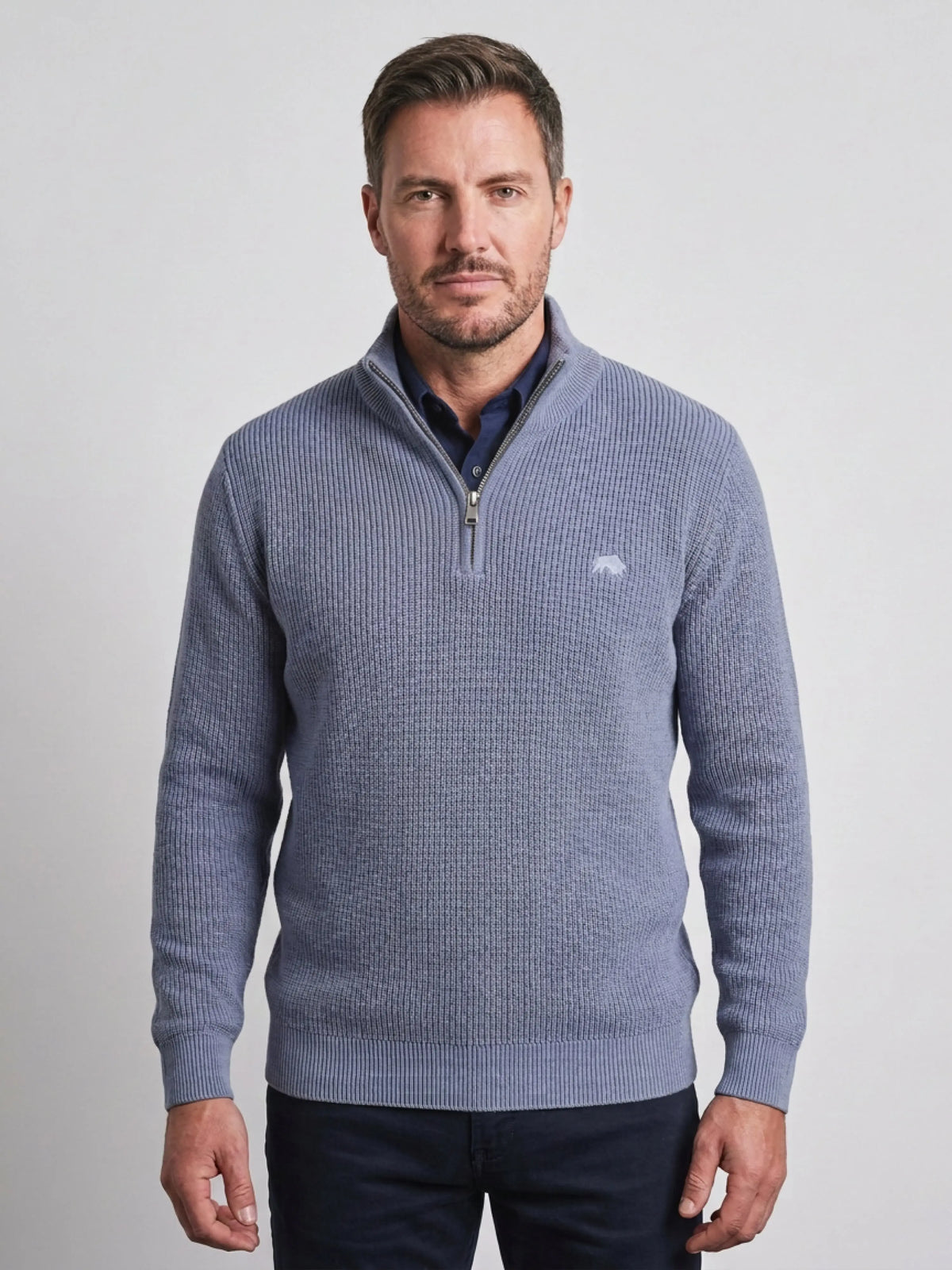 Wool Mix Knitted Rib 1/4 Zip - Light Denim