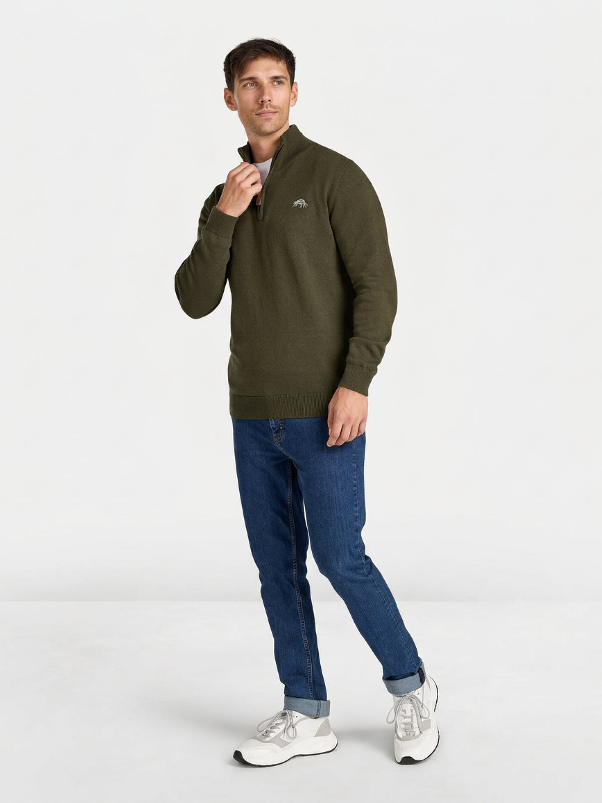 Rib Collar 1/4 Zip Knit- Khaki